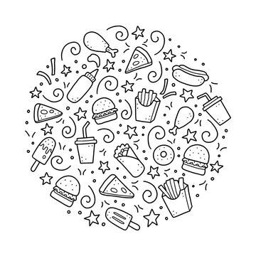 Hand drawn set of fast food elements, burger, pizza, sandwich, hamburger, snack. Comic doodle sketch style. Fast food element drawn by digital brush-pen. Vector illustration for icon, menu, frame