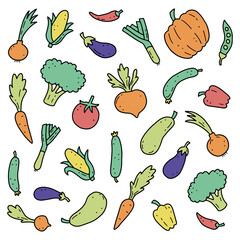 Hand drawn set of vegetable elements, carrot, salad, tomato, onion, lettuce, chili. Comic doodle sketch style. Vegetables element drawn by digital brush-pen. Vector illustration for icon, menu, frame