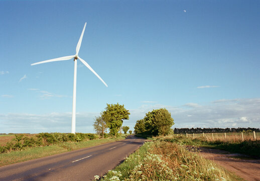 Wind turbine beside a countryside road. North Pickenham, Norfolk