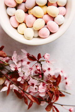 Sugar coated chocolate eggs and pink blossom.