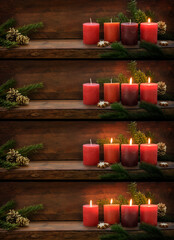 Collection of four panoramic images of red advent candles being lit one after the other, fir...
