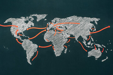 World Map with arrows. Global migration.