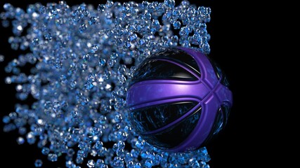 Black-Purple Basketball with Diamond Particles under blue flare lighting. 3D illustration. 3D high quality rendering.