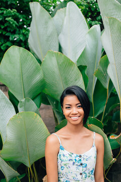 Portrait of beautiful asian woman in tropical vert