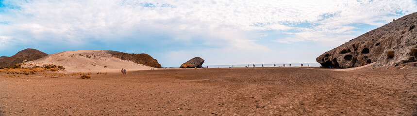 Fototapeta na wymiar Panoramic of Monsul Beach in the natural park of Cabo de Gata, Nijar, Andalucia. Spain, Mediterranean Sea