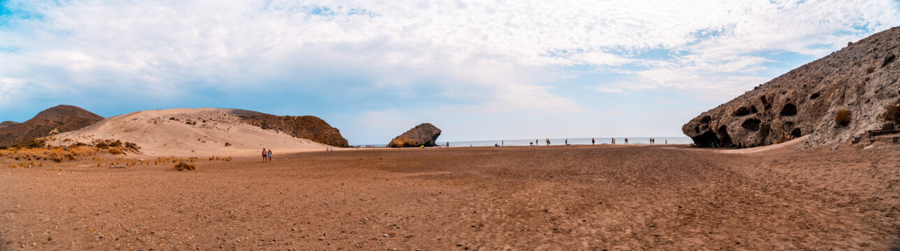 Panoramic of Monsul Beach in the natural park of Cabo de Gata, Nijar, Andalucia. Spain, Mediterranean Sea