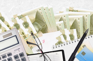 1 Chinese yuan bills and calculator with glasses and pen. Tax payment concept or investment...