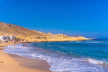 The beautiful beach in summer of Playazo de Rodalquilar in the natural park of Cabo de Gata, Nijar, Andalucia. Spain, Mediterranean Sea