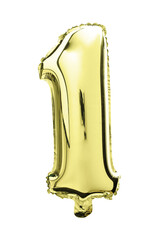 Balloon of mylar number 1  golden color isolated on white