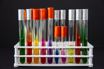 colorful rows of laboratory test tubes , science background. Laboratory research concept