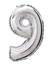 Balloon of mylar number 9  silver color isolated on white