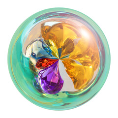 Crystal gems shine in glass ball. 3d render jewel sphere isolated on a white background.