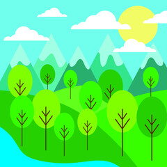 Vector illustration. Mountain, field and forest landscape.