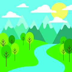 Vector illustration. Mountain, field and forest landscape.