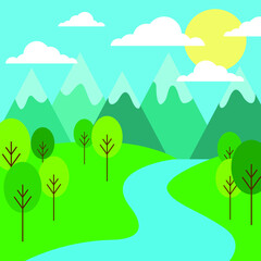 Obraz premium Vector illustration. Mountain, field and forest landscape.