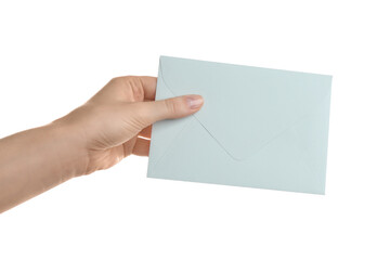 Woman holding paper envelope on white background, closeup