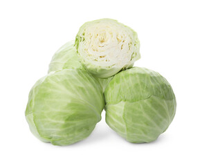Whole and cut fresh ripe cabbages on white background