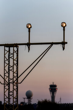 Airport in sunset lights