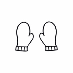 Black contour illustration of children's mittens on a white background. Doodle drawing sketch by hand. Mittens isolated on a white background. Winter clothing for children. Vector icon.