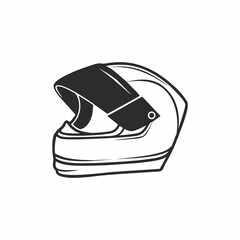 motorcycle helmet in the style of black and white graphics. Helmet icon side view, isolated on a white background.Vector illustration of a Doodle hand. Equipment, security and safety.