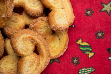 Christmas heart cookies on a red christmas trail at home 