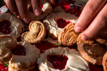 Christmas heart cookies on a red christmas trail at home 
