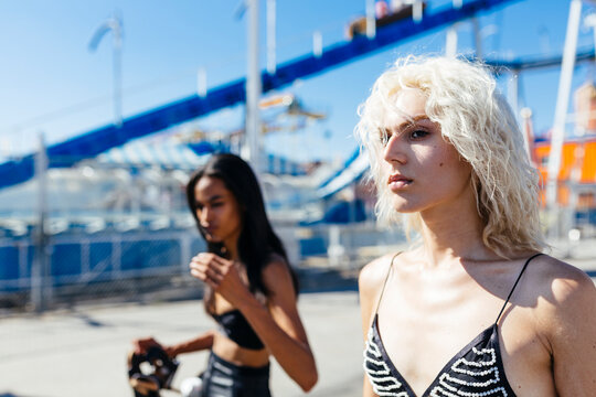Female Fashionable Friends Out in Coney Island . Us New york Cit