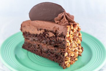 Healthy slice of chocolate cake with crushed nuts topping to complete a delicious meal to eat