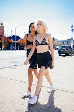 Female Fashionable Friends Out in Coney Island . Us New york Cit