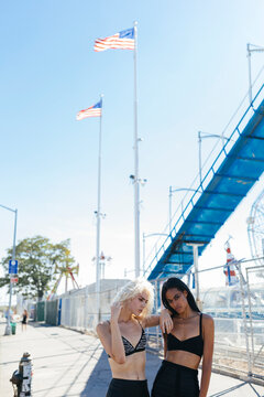 Female Fashionable Friends Out in Coney Island . Us New york Cit