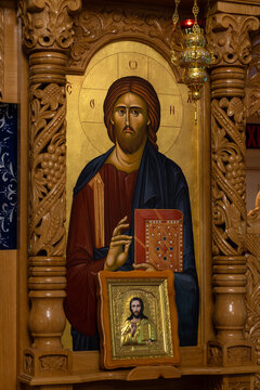 An Orthodox Icon On A Church Iconostasis. When Worshipers Enter The Church They Will Kiss This Icon And Cross Themselves.