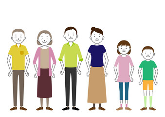 Illustration of a three generation family (grandfather / grandmother / father / mother / girl / boy set)