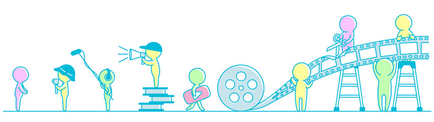 People shoot video and editing.videographers. Video shooting and edithing. flat vector illustration. © shrike