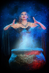 witch casts spell over cauldron