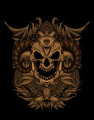 Demon skull with vintage engraving pattern-vector illustration art.