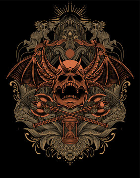 Demon skull with vintage engraving pattern-vector illustration art.