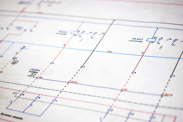Printed electrical diagram. Design concept, electronics and engineering. Wiring diagram, close-up