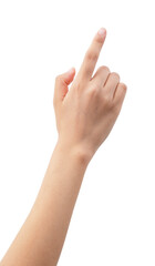 A woman's hand points to a white background