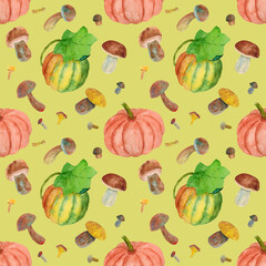 Autumn picturesque pattern with pumpkins and mushrooms on a yellow background. Drawn in watercolor by hand. Can be used for fabric, packaging, postcards.