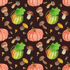 Autumn picturesque pattern with pumpkins and mushrooms on a brown background. Drawn in watercolor by hand. Can be used for fabric, packaging, postcards.