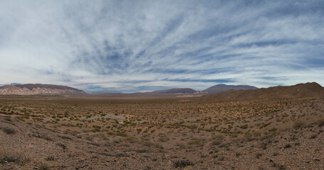 Naklejka premium Desolated landscape. Panorama view of the arid desert, sand, vegetation and mountains in the horizon under a beautiful blue sky with clouds. 