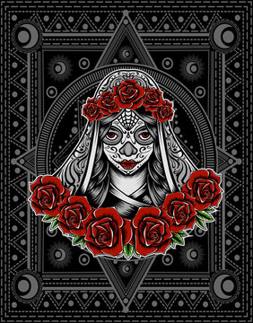 Illustration vector sugar skull woman gothic make up with rose flower.