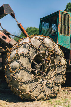 Chains on Wheel of Logging Truck