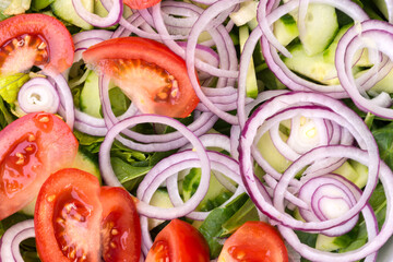 Closeup of a fresh salad with spinach, cucumbers, tomatoes, and red onions.