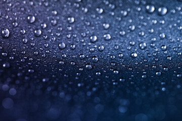 Abstract blue texture with water drops and metal surface close-up. Beautiful bright droplets shot with selective focus.