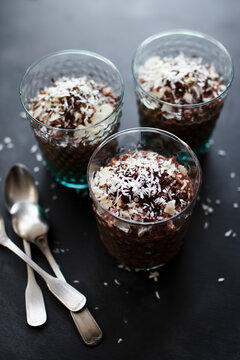 Chocolate tapioca pudding with coconut and almond.