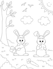 coloring page with two cute rabbits in nature. You can print it on 8.5x11 inch page