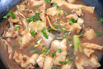 Stewed fish cubes in northeast miso soup