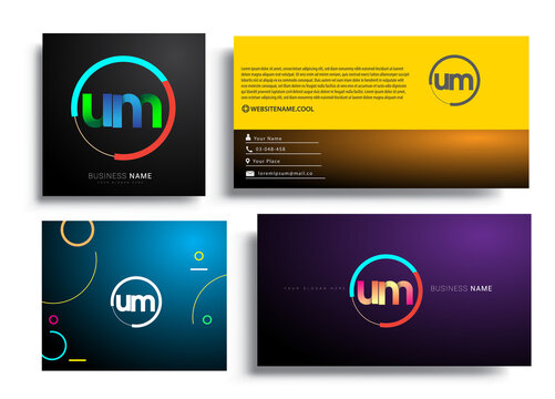 Letter UM logotype with colorful circle, letter combination logo design with ring, sets of business card for company identity, creative industry, web, isolated on white background.