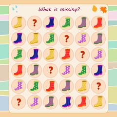 Fototapeta na wymiar Logic game for children. Guess what's missing in each row